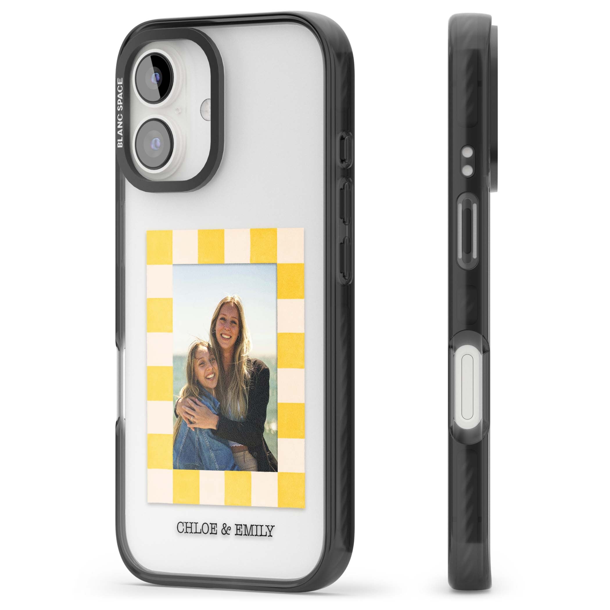 Yellow Check Photo personalised iPhone case with yellow checkered Polaroid frame and custom names beneath | Black Impact case for iPhone 16, iPhone 16 Plus