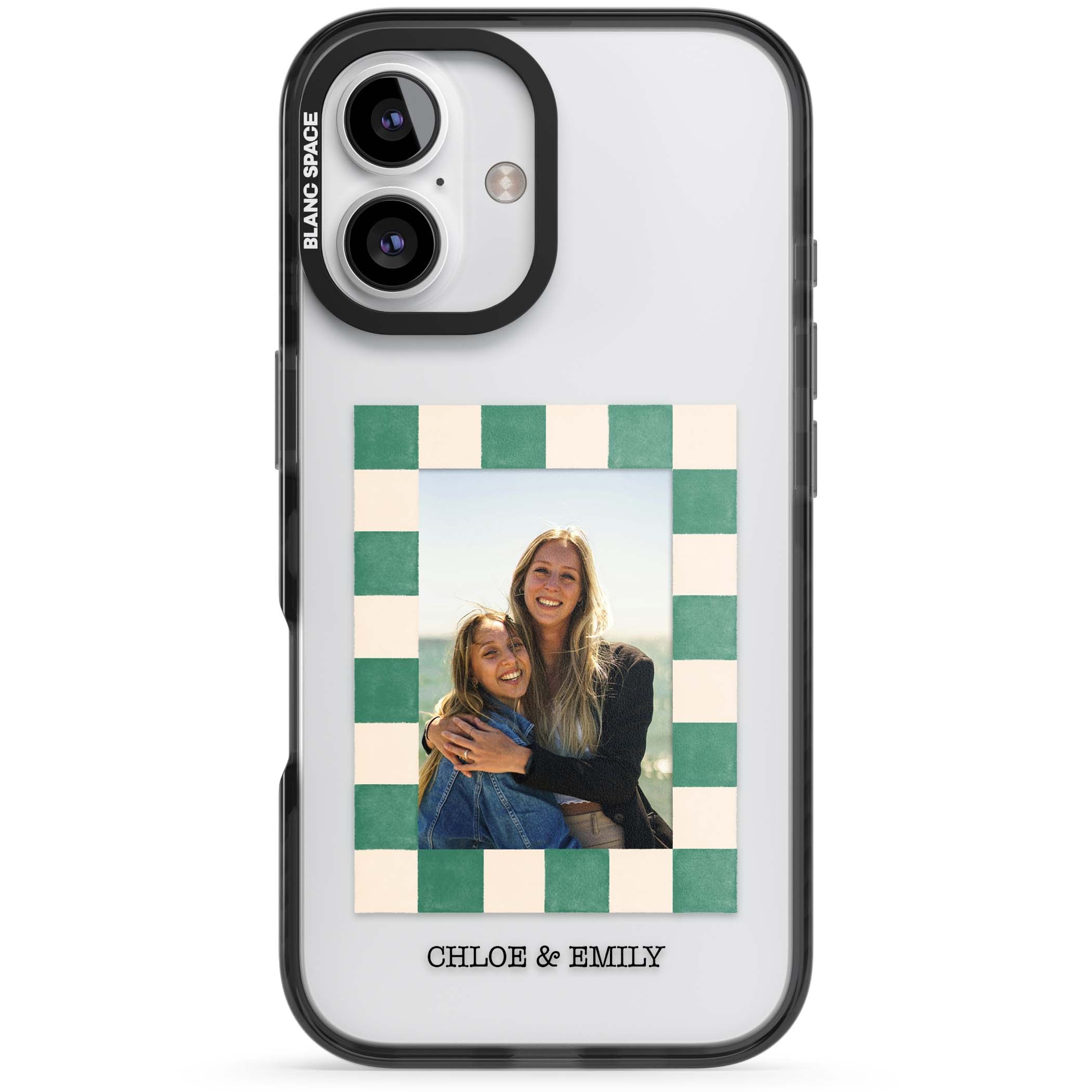 Seafoam Check Photo personalised iPhone case featuring a custom polaroid photo, green and cream checkered frame, and custom n | Black Impact case for iPhone 16, iPhone 16 Plus