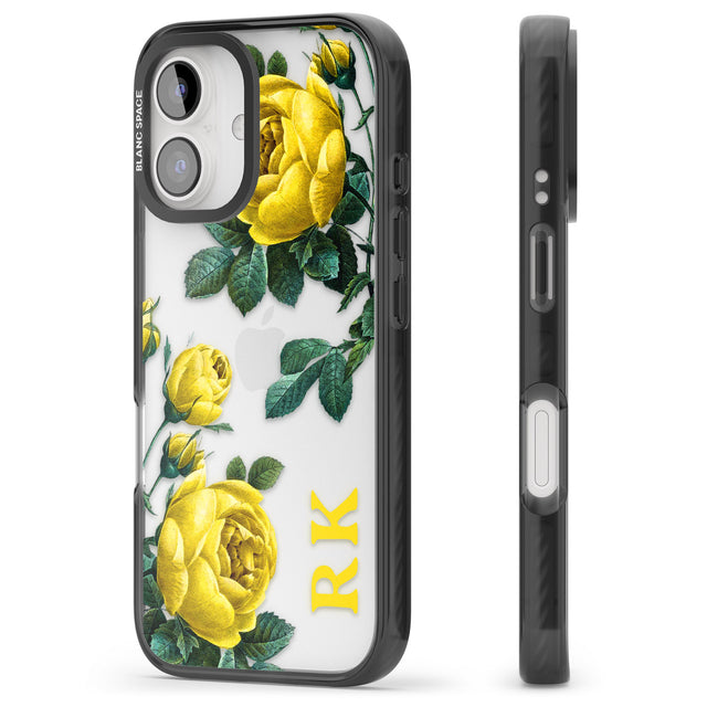 iPhone 16 Pro Max Personalised Clear Vintage Floral Yellow Roses Black Impact Phone Case