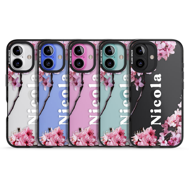 iPhone 16 Pro Max Personalised Cherry Blossoms with Text Black Impact Phone Case