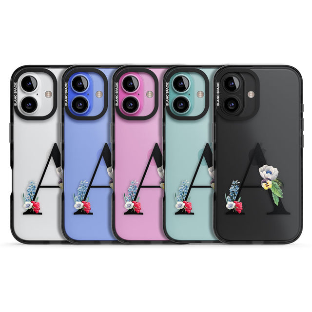 Personalised Floral Initial Black Impact Phone Case for iPhone 16, iPhone 16 Plus