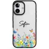 Personalised Buterflies & Wildflowers Black Impact Phone Case for iPhone 16, iPhone 16 Plus