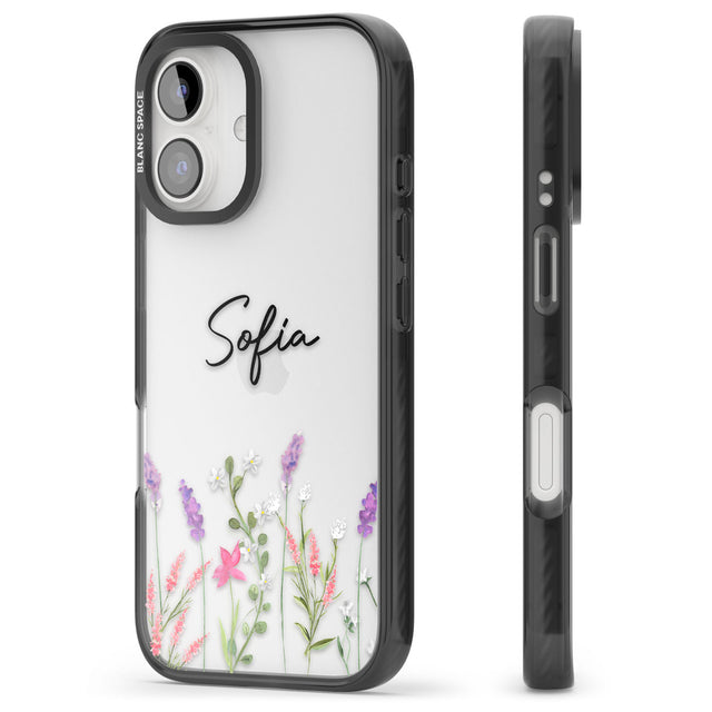 Personalised Lavender Wildflowers Black Impact Phone Case for iPhone 16, iPhone 16 Plus