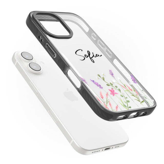 Personalised Lavender Wildflowers Black Impact Phone Case for iPhone 16, iPhone 16 Plus