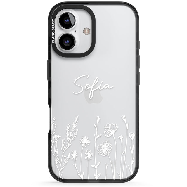 Personalised White Wildflowers Black Impact Phone Case for iPhone 16, iPhone 16 Plus