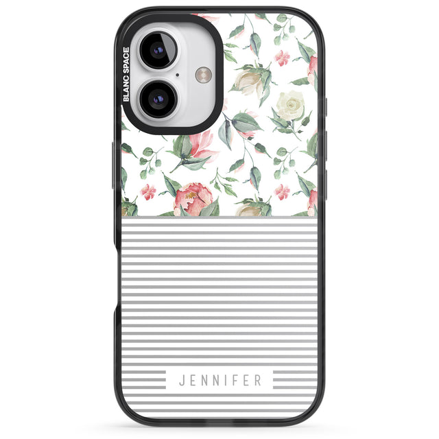 iPhone 16 Pro Max Personalised Light Floral Pattern & Stripes Black Impact Phone Case