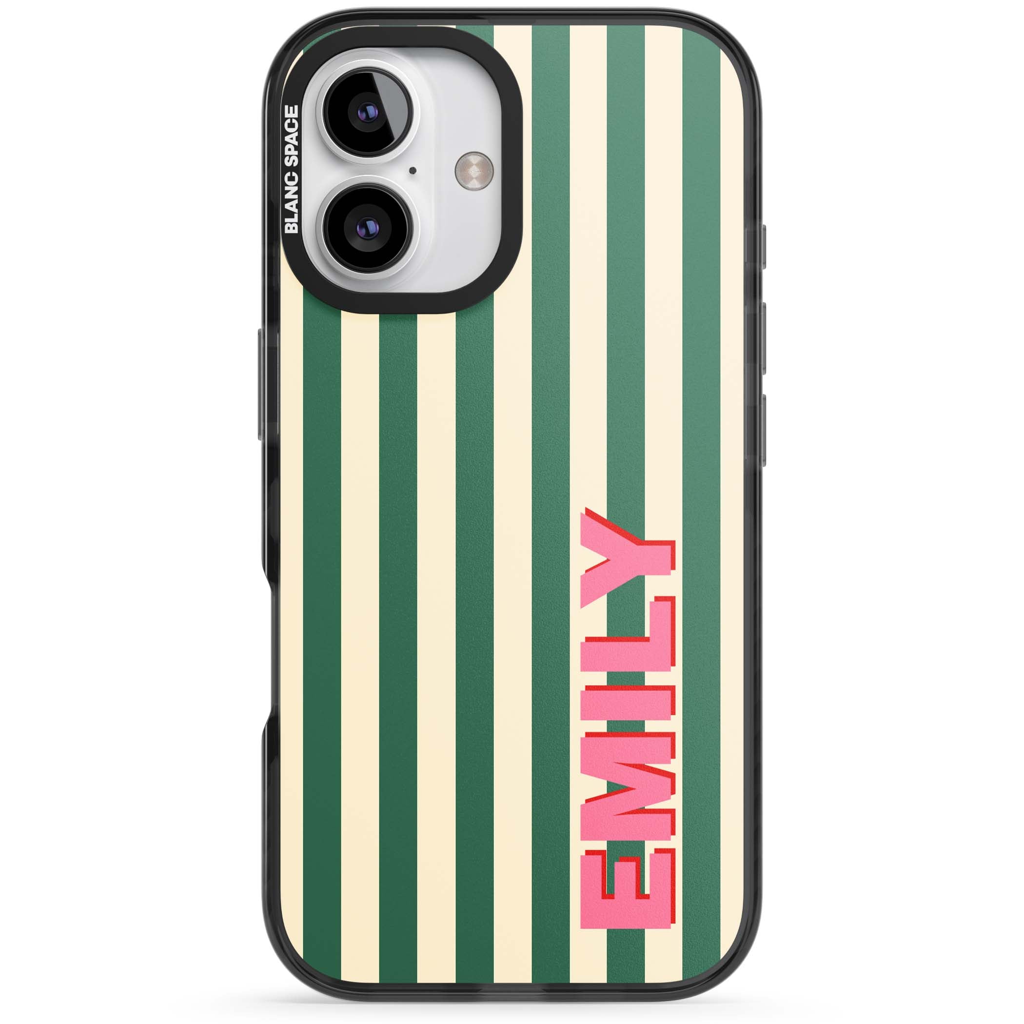 Wimbledon Stripe preppy iPhone case featuring green and cream vertical stripes with a personalised pink name | Black Impact case for iPhone 16, iPhone 16 Plus