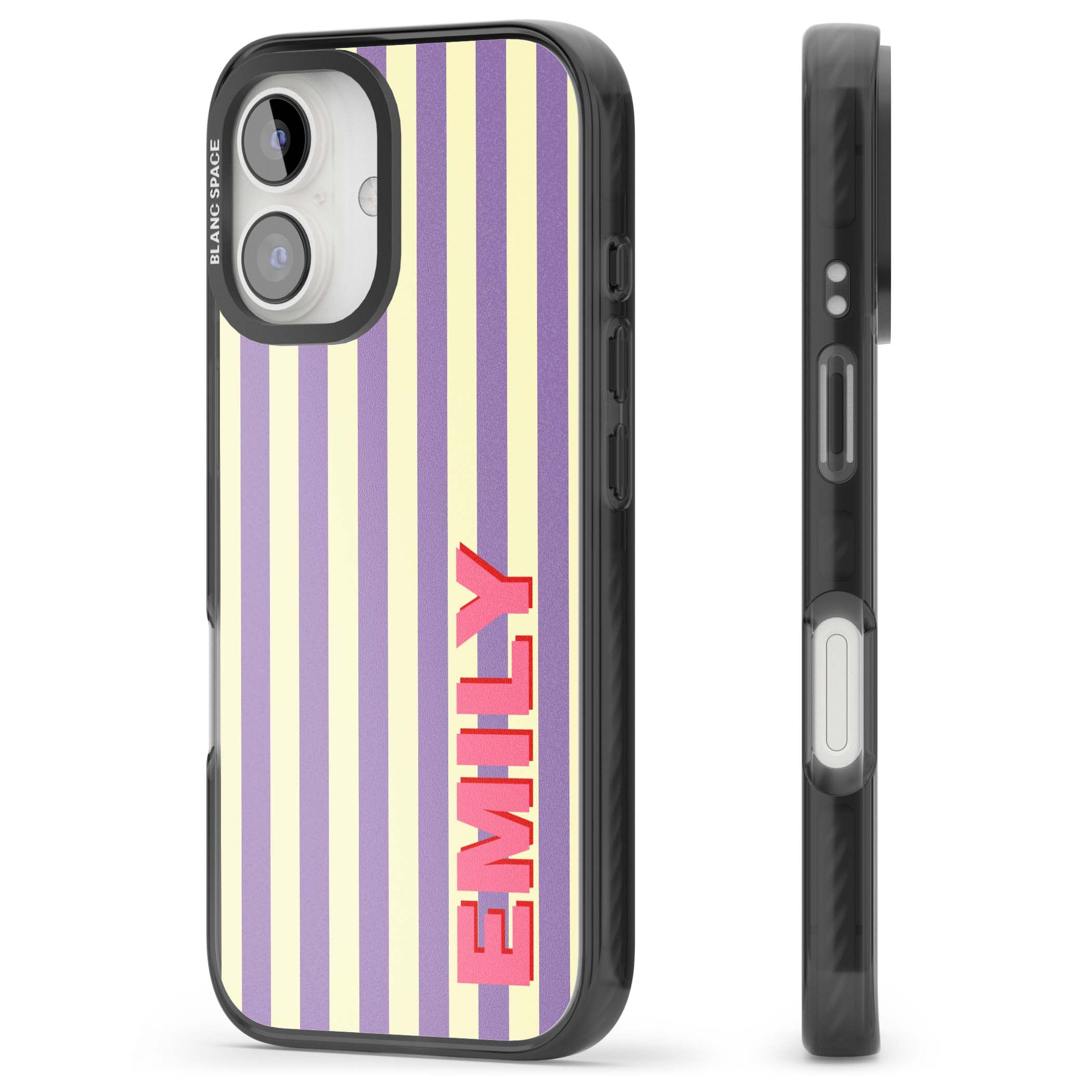 Valensole Stripe personalised iPhone case with purple and cream vertical stripes and pink custom name | Black Impact case for iPhone 16, iPhone 16 Plus