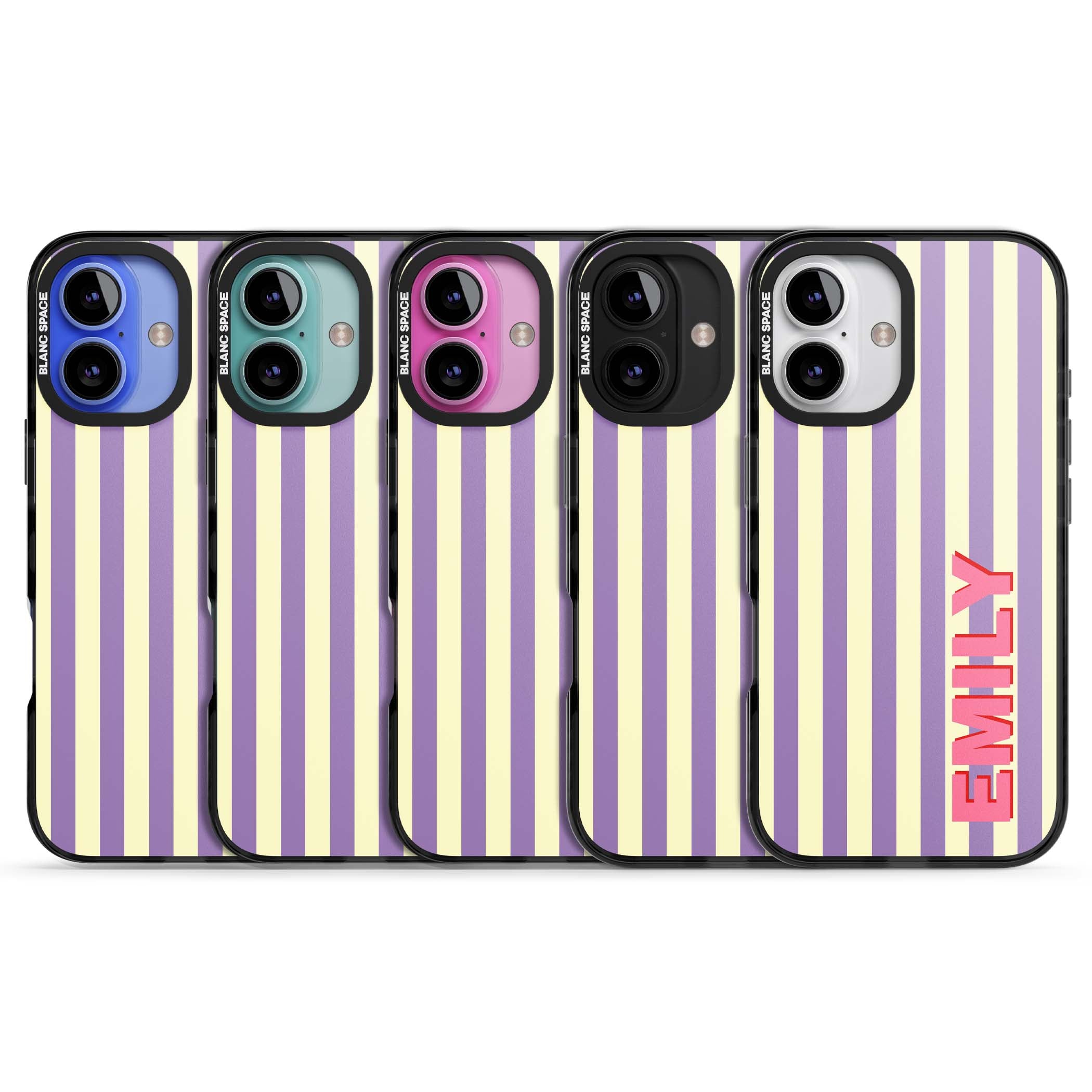 Valensole Stripe personalised iPhone case with purple and cream vertical stripes and pink custom name | Black Impact case for iPhone 16, iPhone 16 Plus