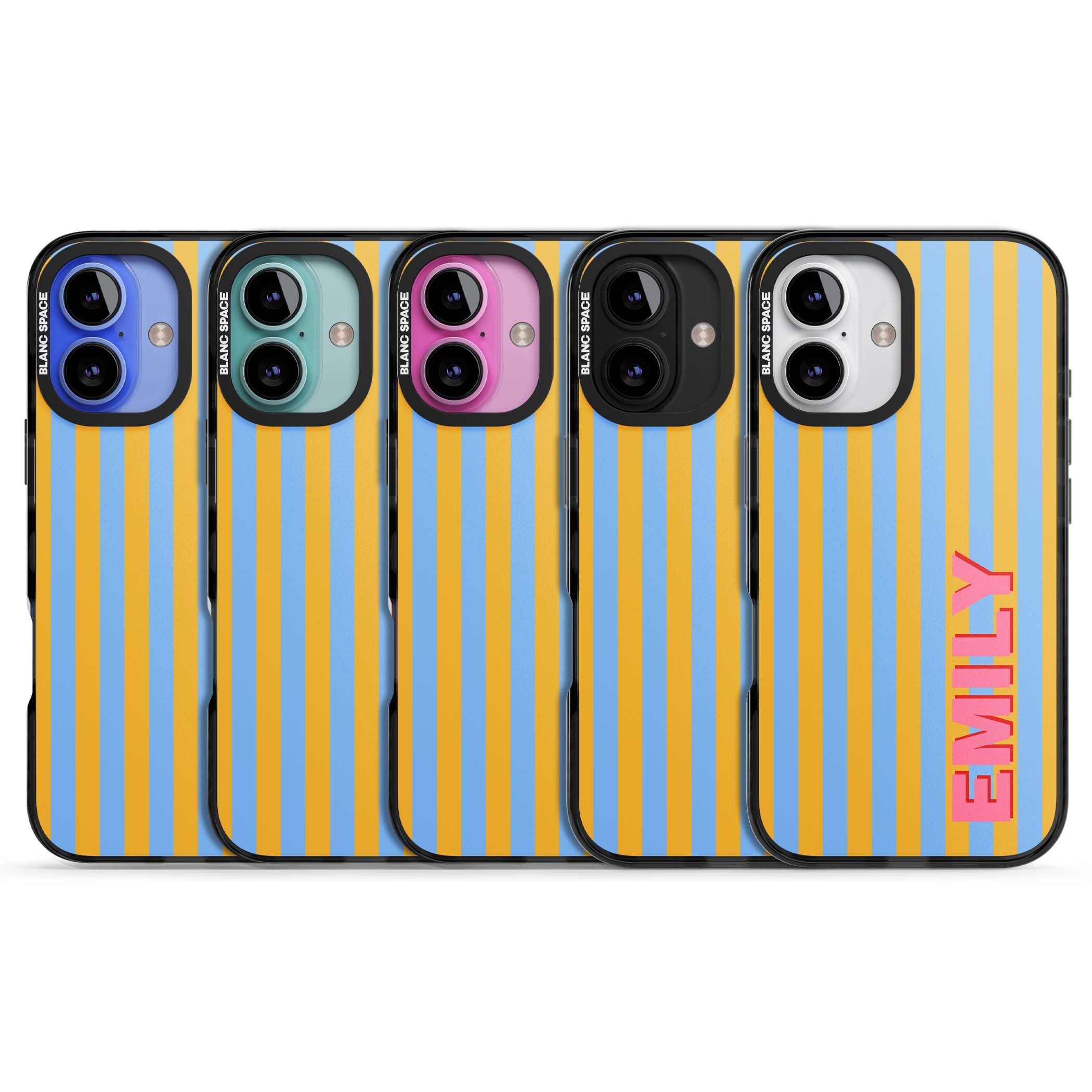Carribean Stripe personalised coastal iPhone case with yellow and blue vertical stripes and a custom pink name | Black Impact case for iPhone 16, iPhone 16 Plus