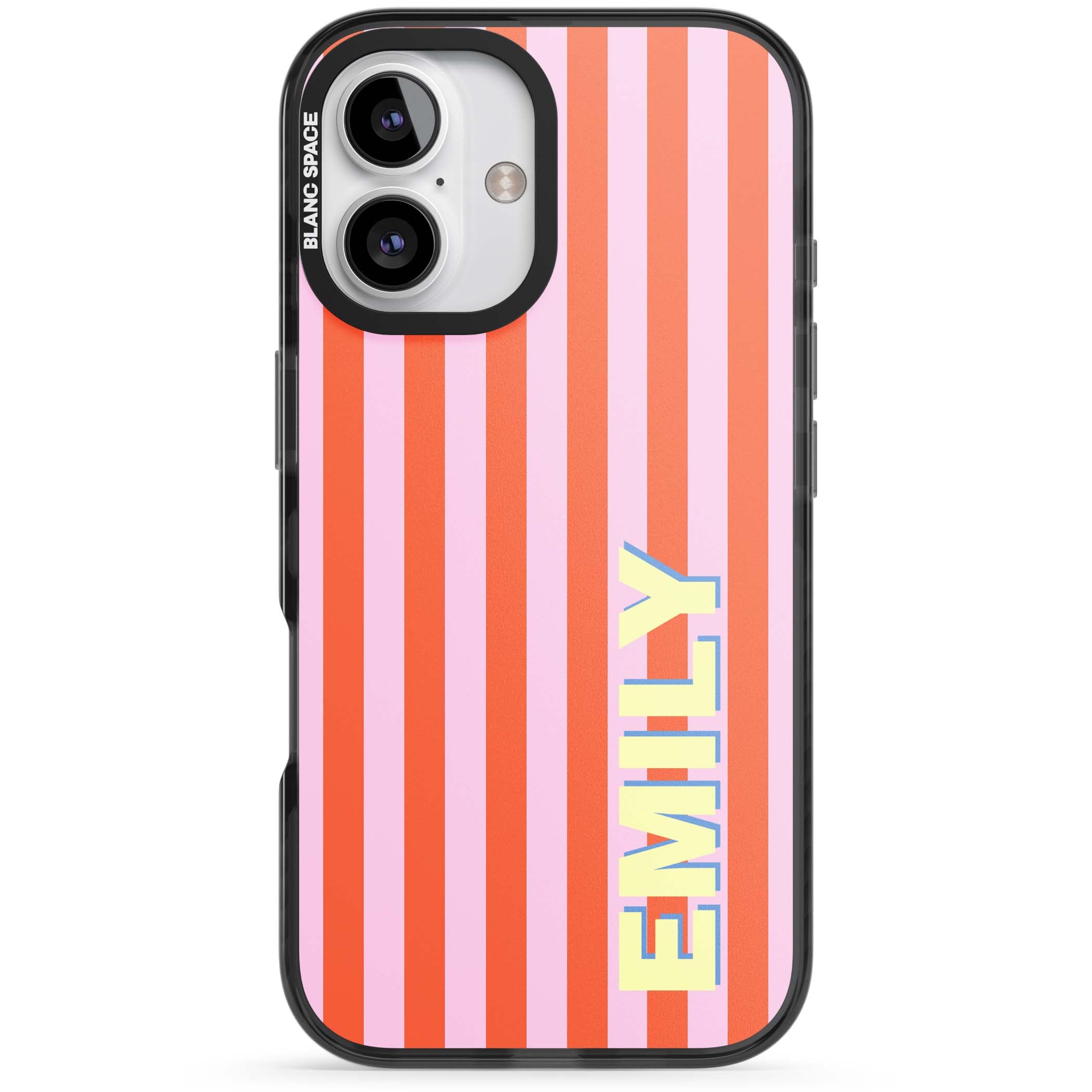 Havana Stripe personalised iPhone case featuring pink and orange vertical stripes with a custom yellow name | Black Impact case for iPhone 16, iPhone 16 Plus