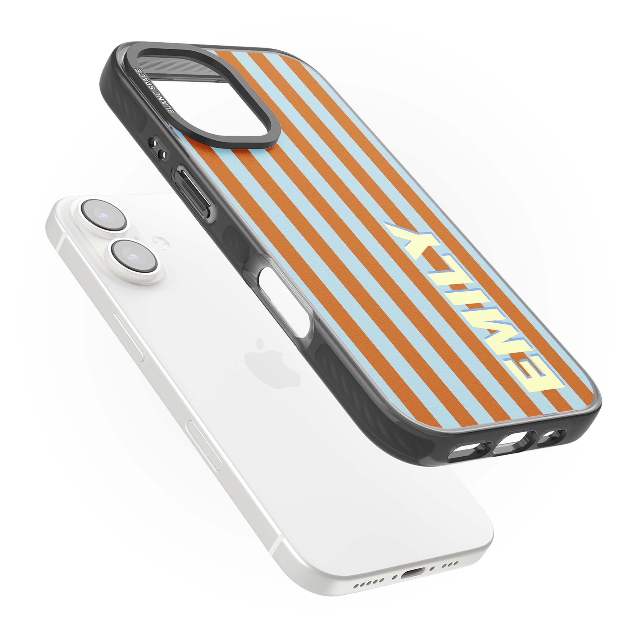 Cappadocia Stripe personalised coastal iPhone case featuring blue and orange vertical stripes with custom cream name | Black Impact case for iPhone 16, iPhone 16 Plus