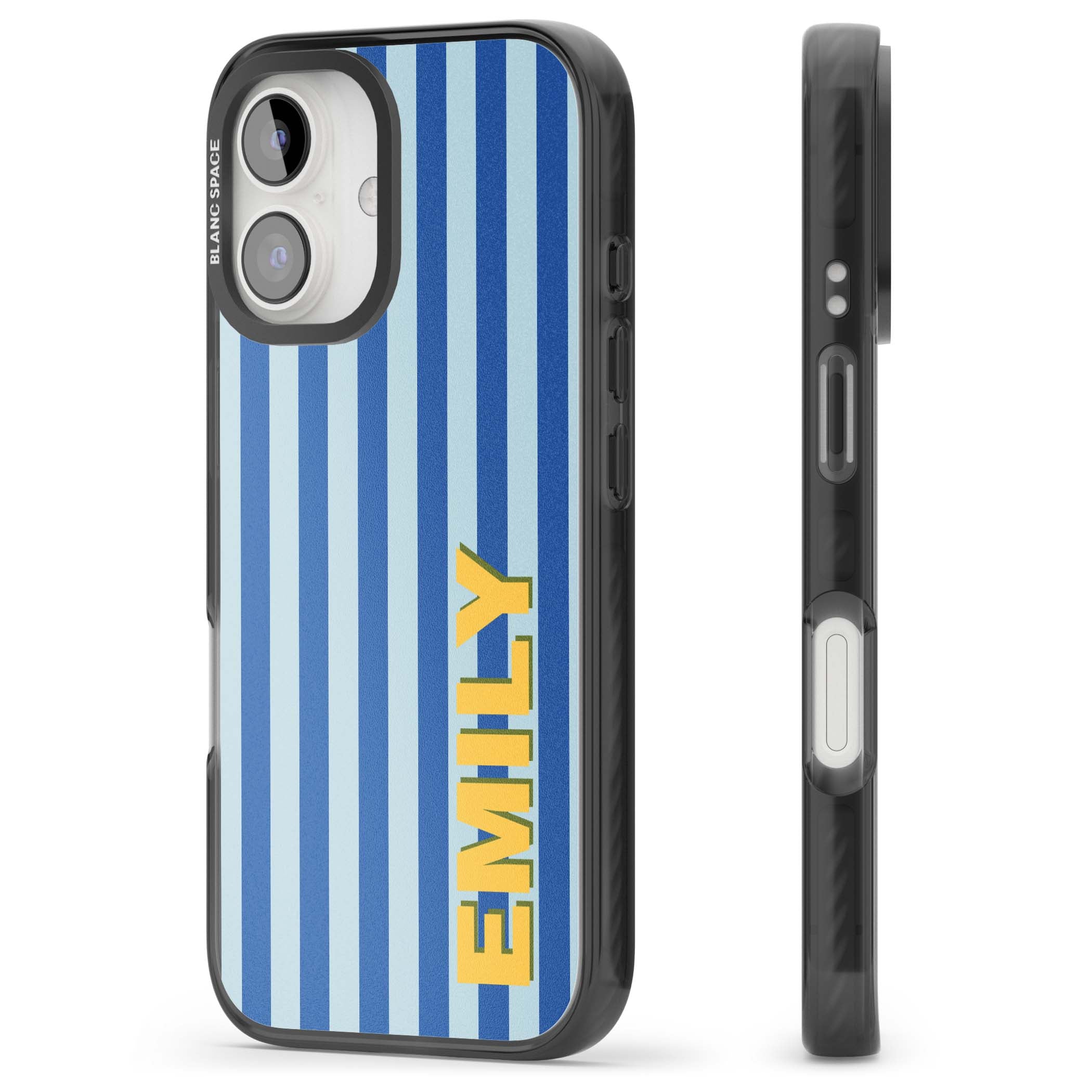 Athenian Stripe personalised preppy iPhone case featuring blue vertical stripes and a custom yellow name | Black Impact case for iPhone 16, iPhone 16 Plus