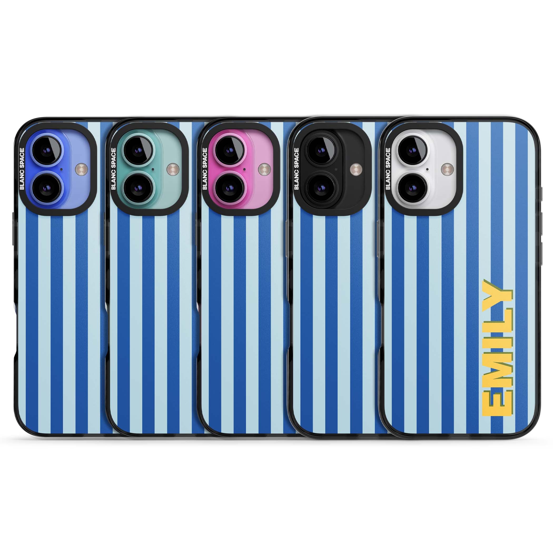 Athenian Stripe personalised preppy iPhone case featuring blue vertical stripes and a custom yellow name | Black Impact case for iPhone 16, iPhone 16 Plus