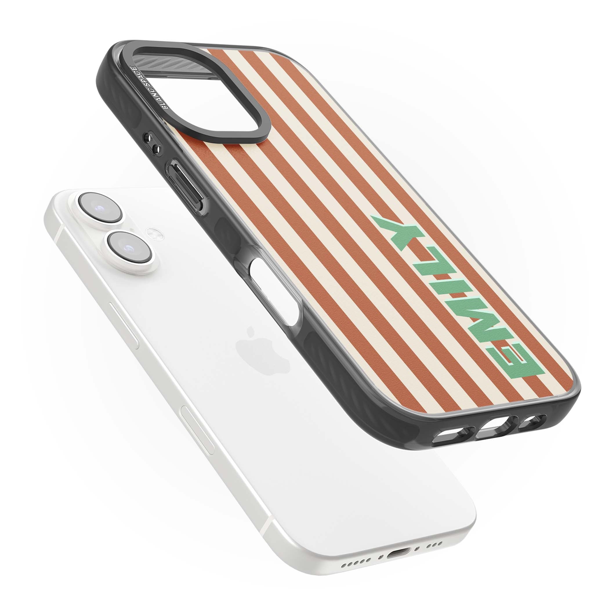 Dune Stripe personalised iPhone case with rust and cream vertical stripes and custom name in mint green | Black Impact case for iPhone 16, iPhone 16 Plus