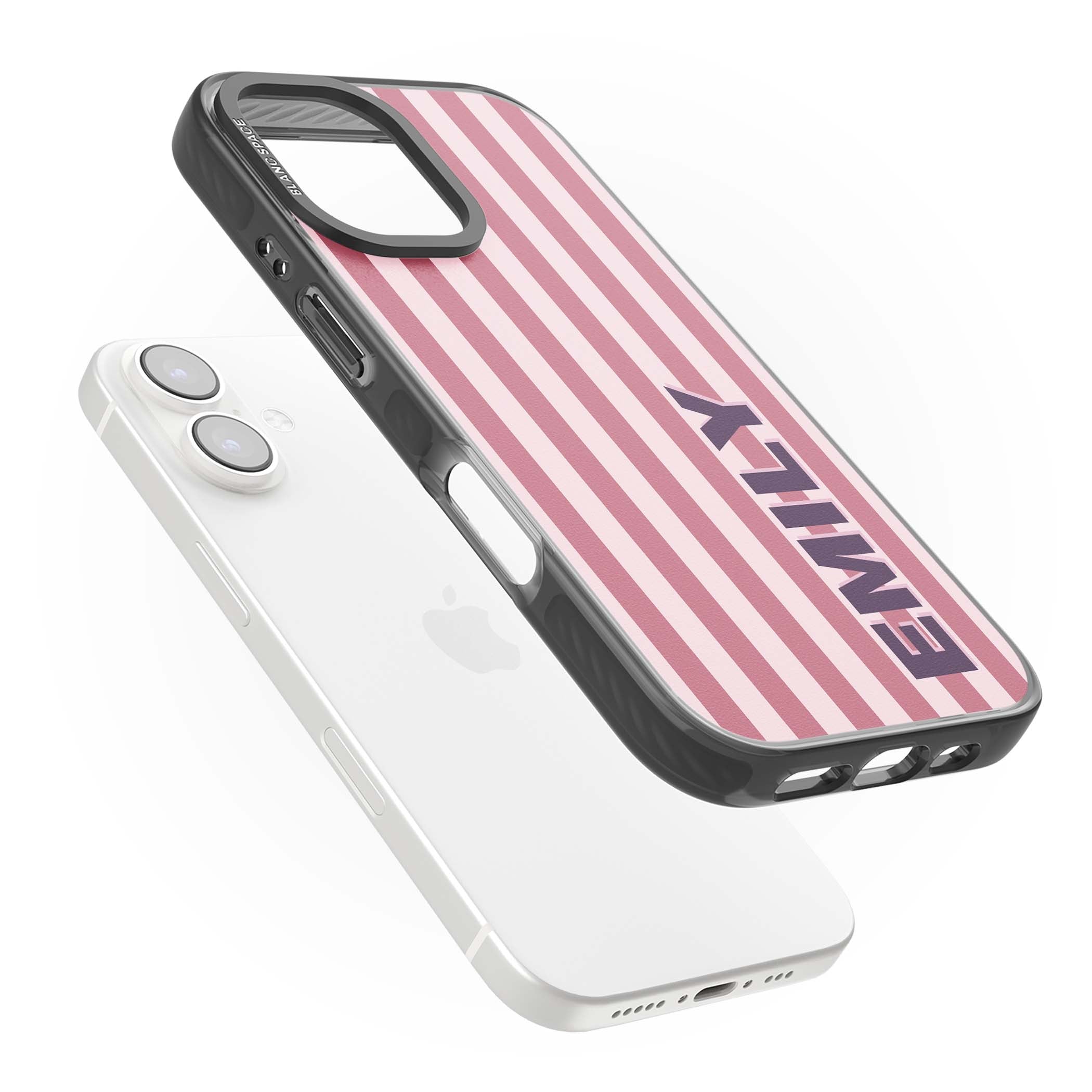 Victoria Stripe personalised iPhone case featuring pink vertical stripes and custom name in bold plum lettering | Black Impact case for iPhone 16, iPhone 16 Plus