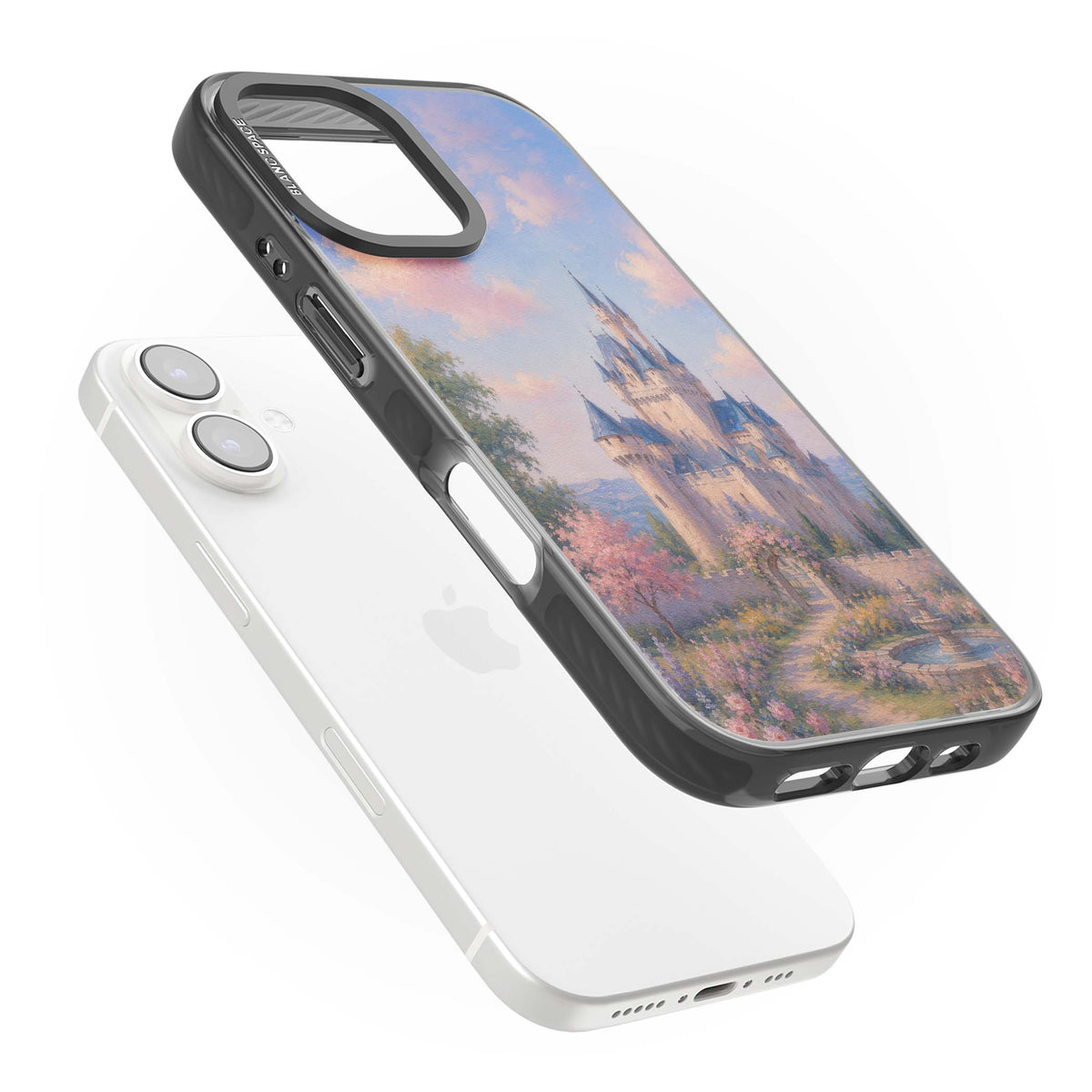 Enchanted Kingdom fairytale iPhone case featuring a romantic castle painting with cherry blossoms and pastel pink sky | Black Impact case for iPhone 16, iPhone 16 Plus