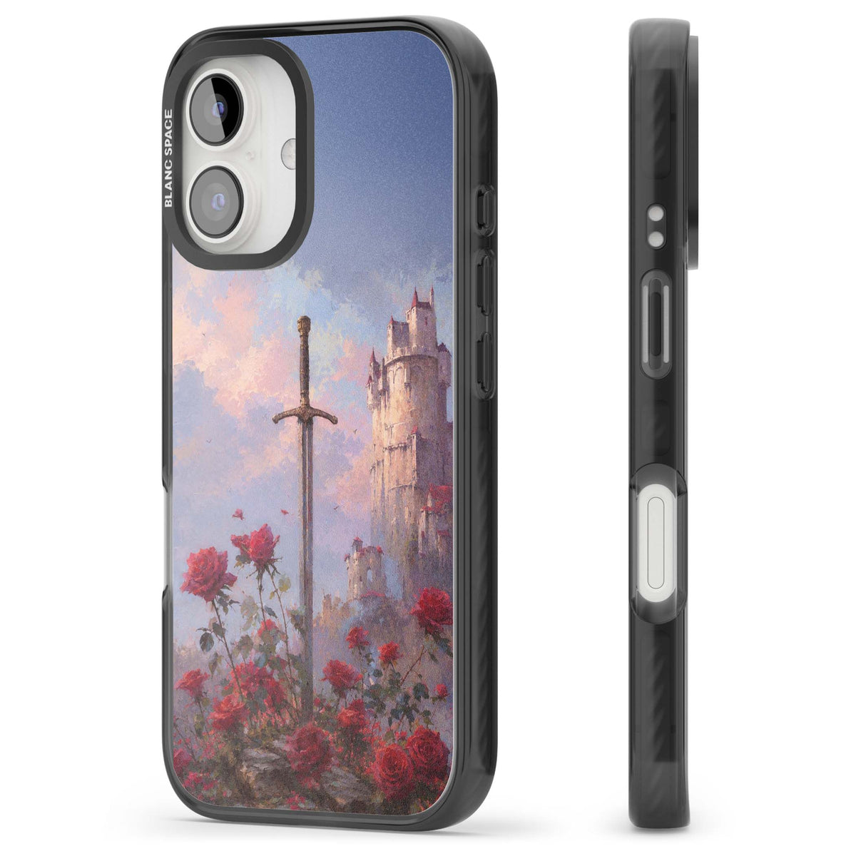 Sword in Roses medieval art iPhone case featuring a sword, red roses, and a misty fairytale castle at sunset | Black Impact case for iPhone 16, iPhone 16 Plus