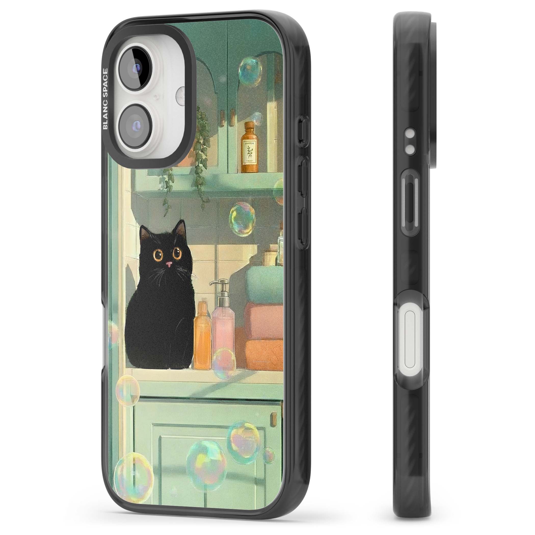 Bathroom Bubble Kitty cottagecore iPhone case featuring a black cat, mint bathroom scene and floating soap bubbles | Black Impact case for iPhone 16, iPhone 16 Plus