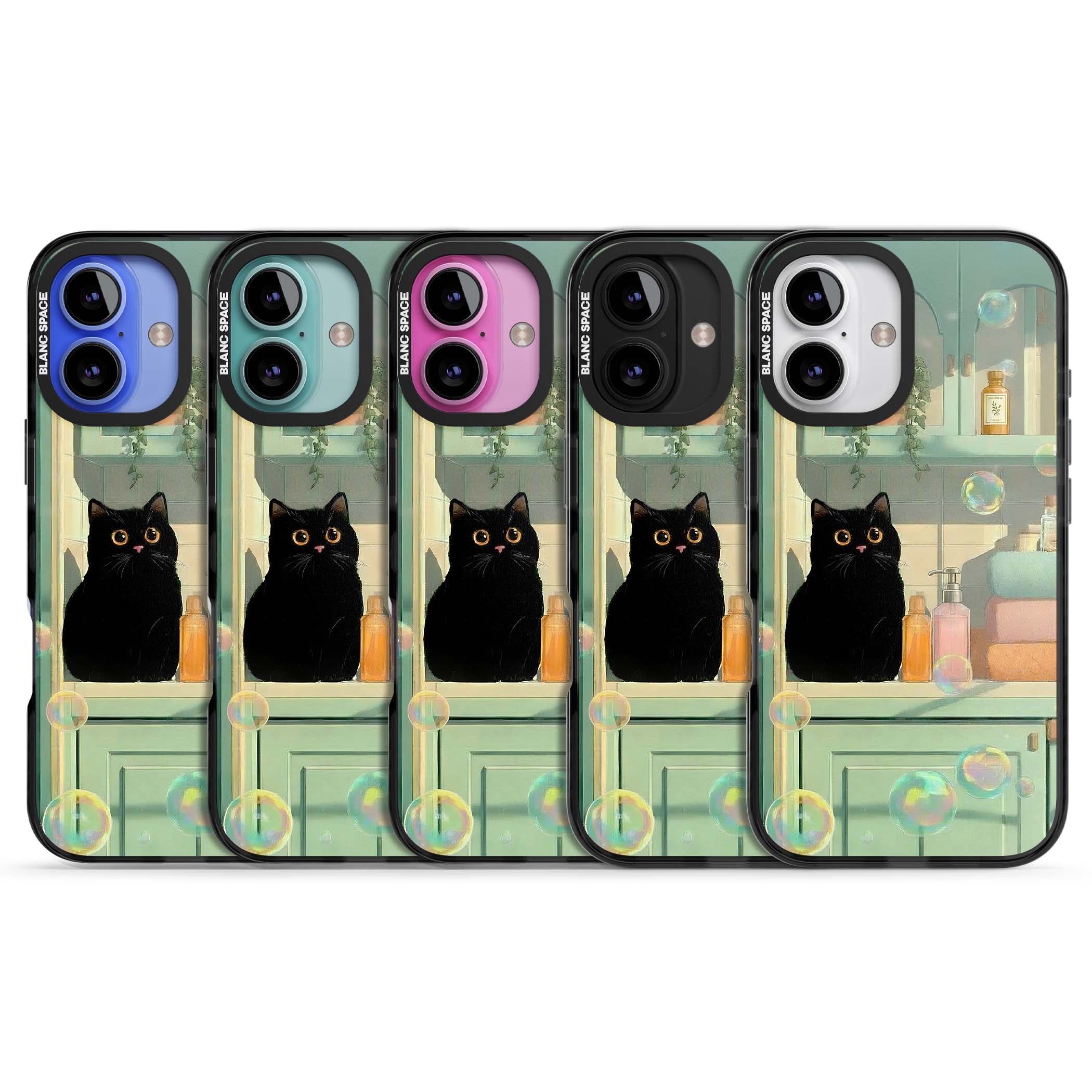 Bathroom Bubble Kitty cottagecore iPhone case featuring a black cat, mint bathroom scene and floating soap bubbles | Black Impact case for iPhone 16, iPhone 16 Plus