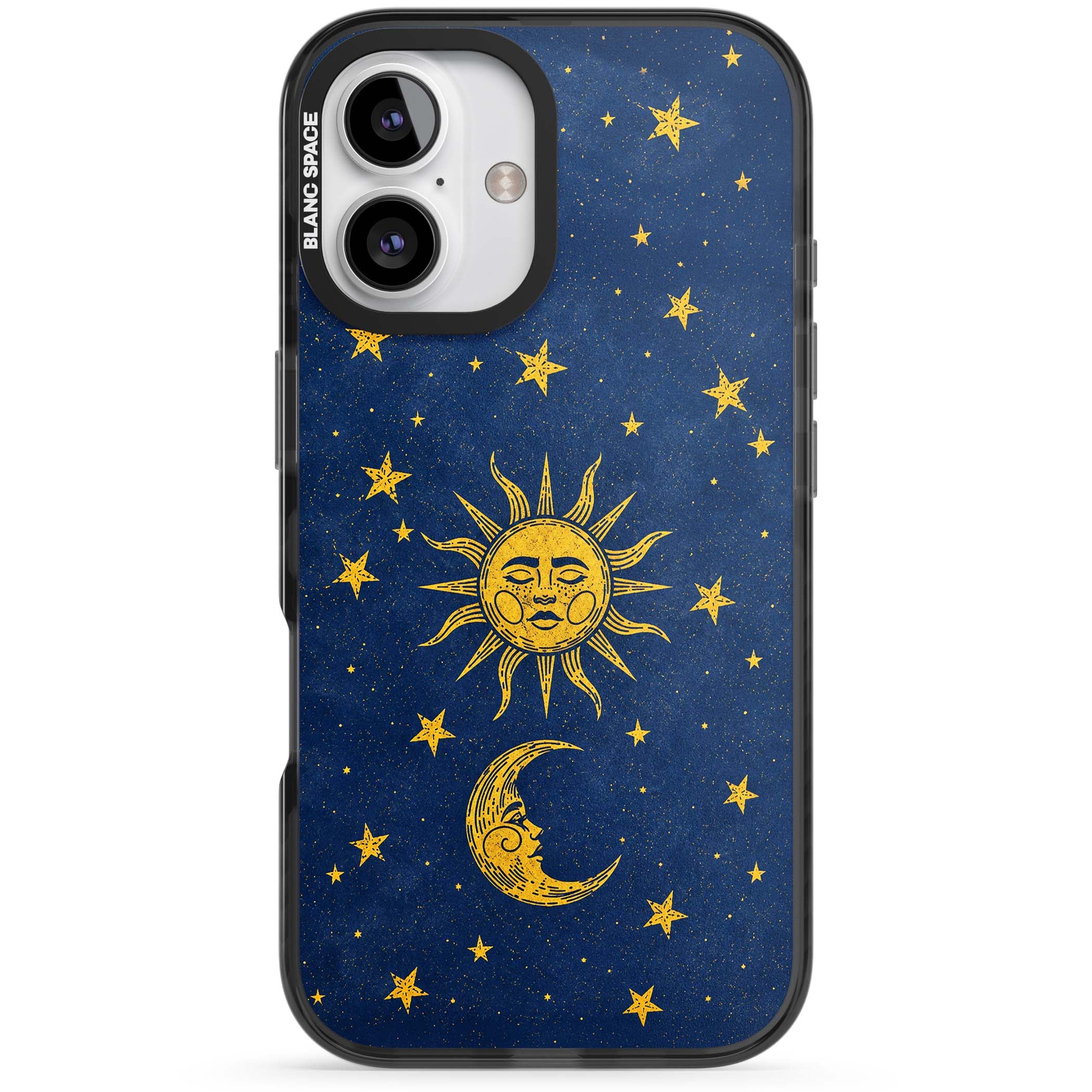 Sun & Moon Reverie celestial iPhone case featuring a vintage golden sun, crescent moon and scattered stars on midnight blue | Black Impact case for iPhone 16, iPhone 16 Plus