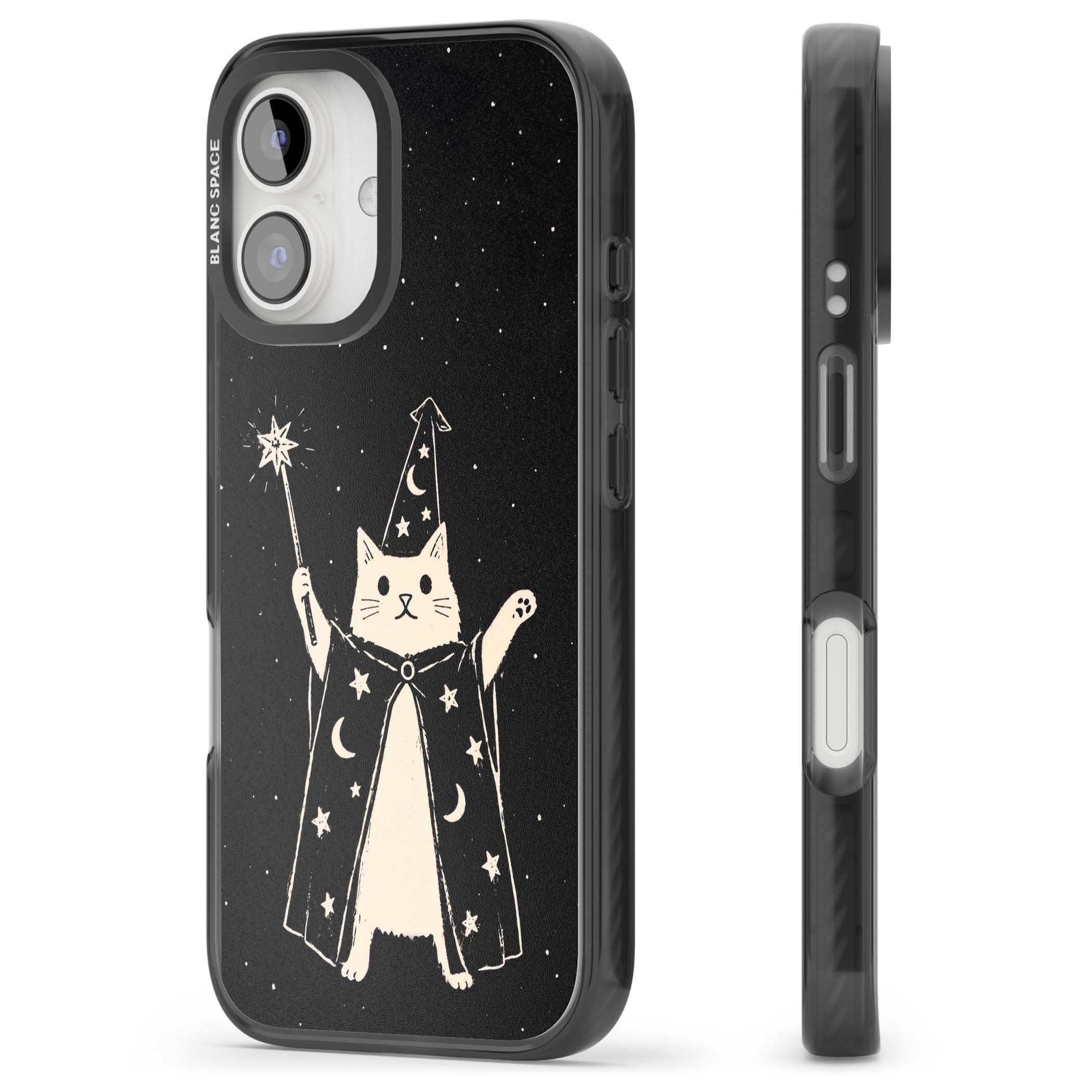 Whisker Wizard celestial cat iPhone case featuring a wizard cat with magic wand, starry night sky and crescent moons | Black Impact case for iPhone 16, iPhone 16 Plus
