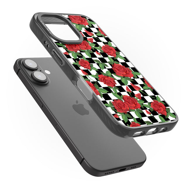 iPhone 16 Pro Max Checkered Pattern & Red Roses Black Impact Phone Case