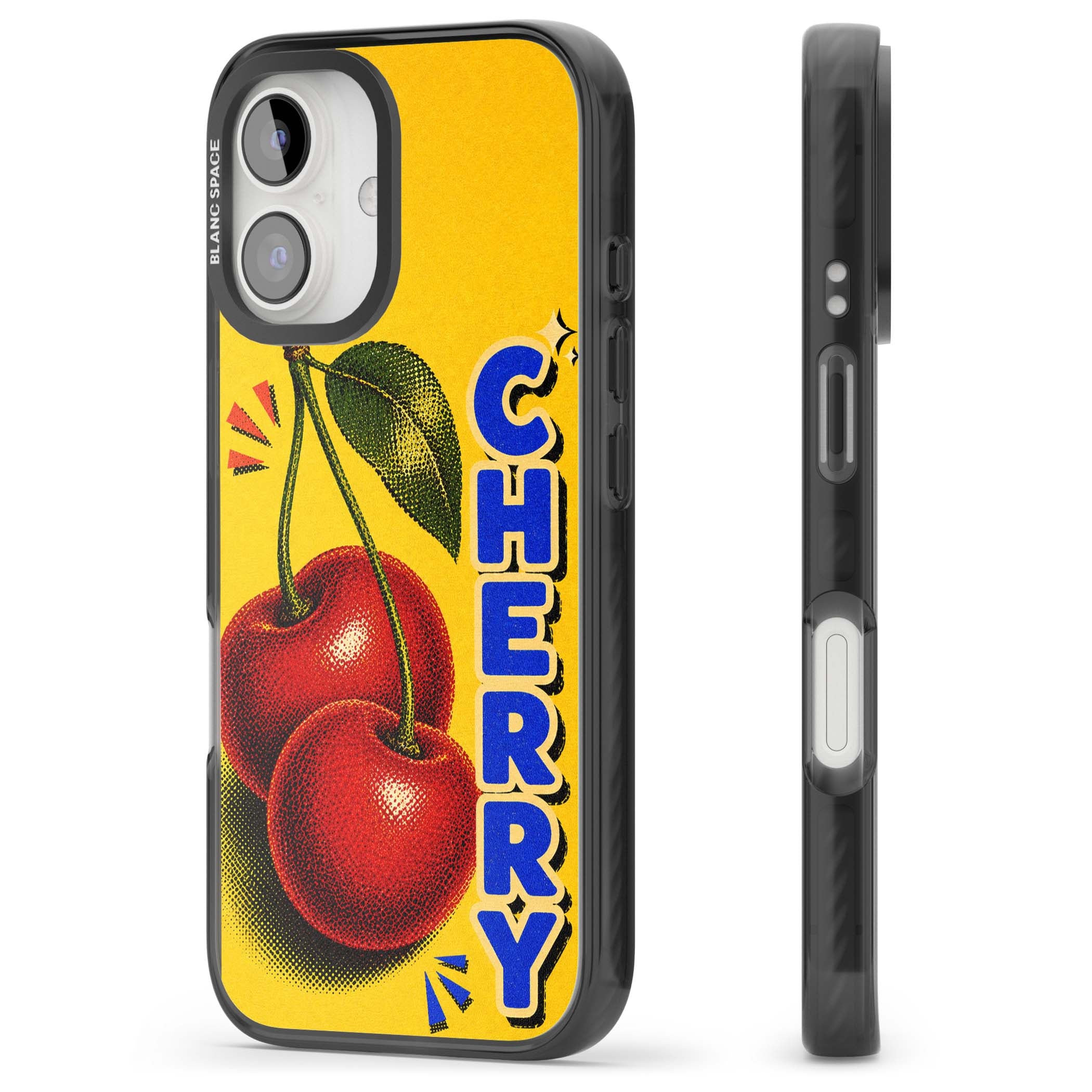 Cherry Yellow y2k iPhone case featuring two red cherries, halftone shading and bold blue CHERRY lettering on yellow | Black Impact case for iPhone 16, iPhone 16 Plus