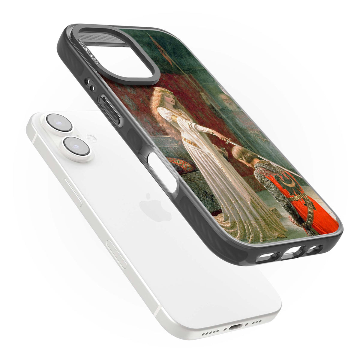 The Accolade renaissance art iPhone case featuring Edmund Blair Leighton's painting of a queen knighting a kneeling knight | Black Impact case for iPhone 16, iPhone 16 Plus