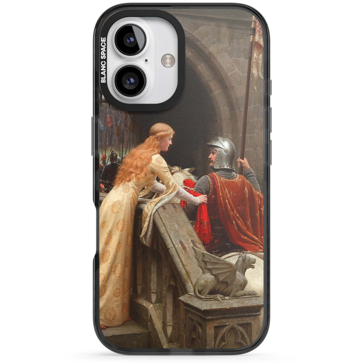 God Speed fine art iPhone case featuring Edmund Blair Leighton's medieval knight and lady beneath a stone archway | Black Impact case for iPhone 16, iPhone 16 Plus