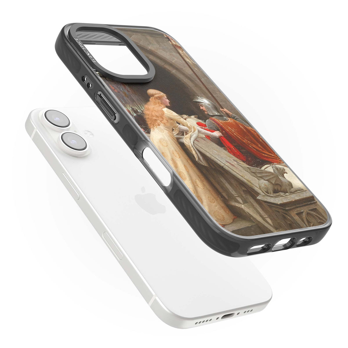 God Speed fine art iPhone case featuring Edmund Blair Leighton's medieval knight and lady beneath a stone archway | Black Impact case for iPhone 16, iPhone 16 Plus