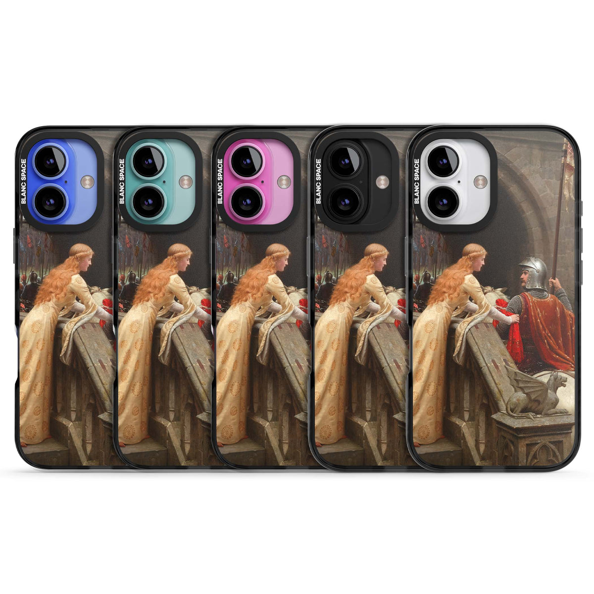 God Speed fine art iPhone case featuring Edmund Blair Leighton's medieval knight and lady beneath a stone archway | Black Impact case for iPhone 16, iPhone 16 Plus