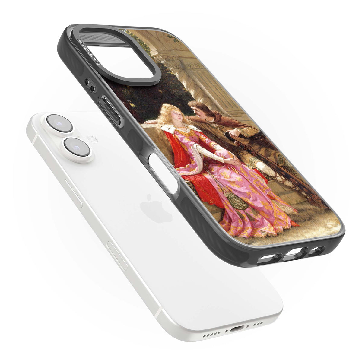 The End of the Song classic art iPhone case featuring a medieval lady in pink gown and her knight in a stone archway | Black Impact case for iPhone 16, iPhone 16 Plus