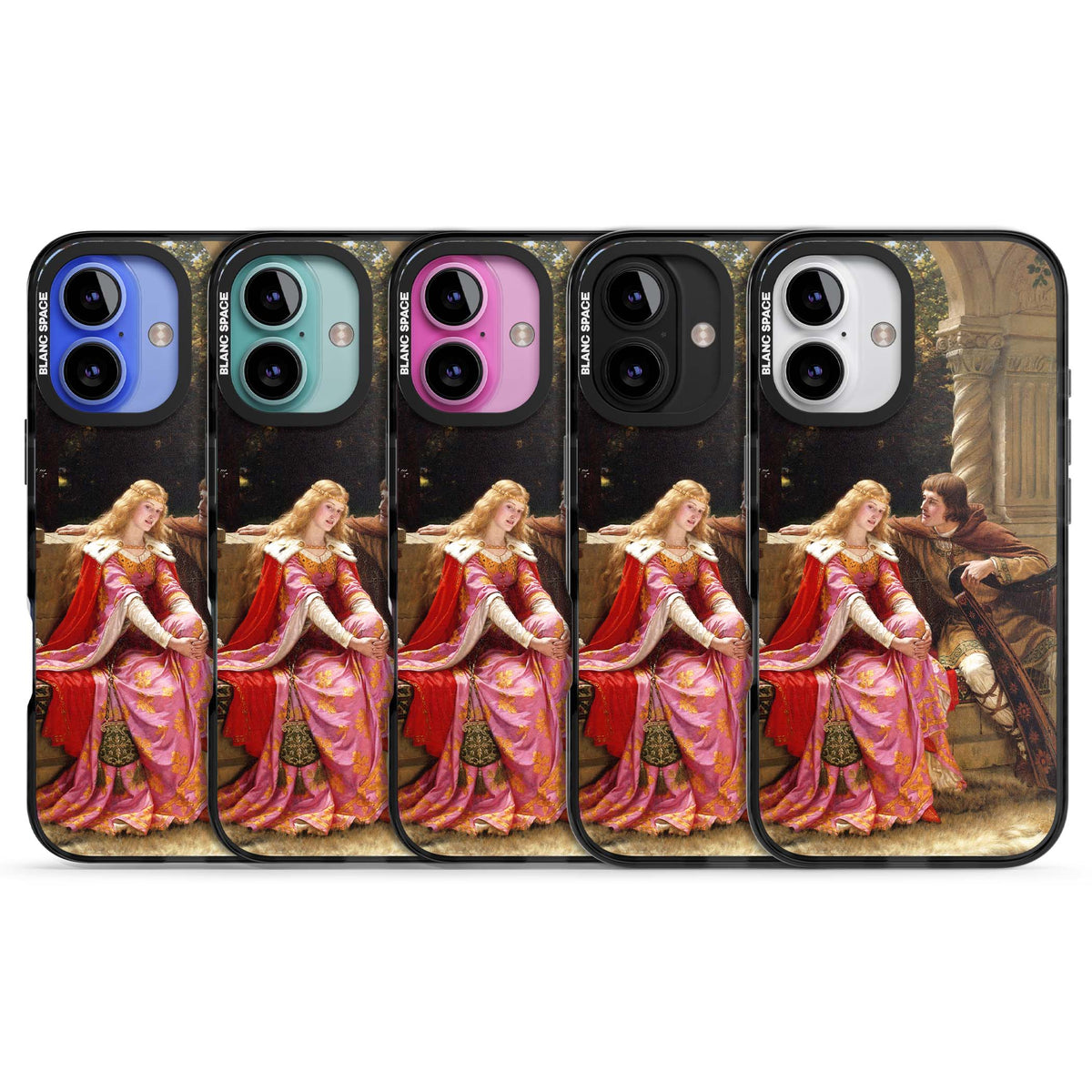 The End of the Song classic art iPhone case featuring a medieval lady in pink gown and her knight in a stone archway | Black Impact case for iPhone 16, iPhone 16 Plus