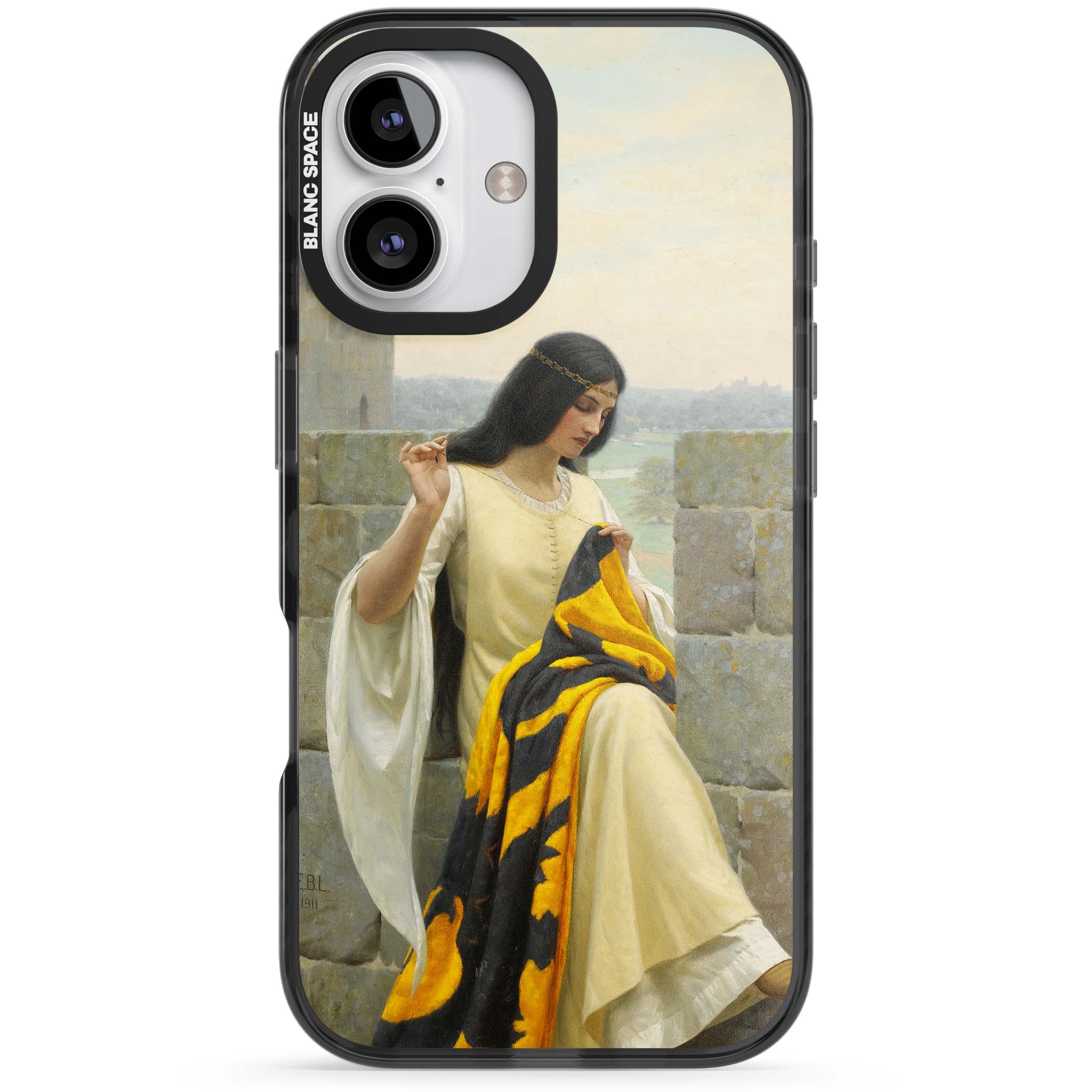 Stitching the Standard renaissance art iPhone case featuring a medieval lady sewing a golden banner on a castle wall | Black Impact case for iPhone 16, iPhone 16 Plus
