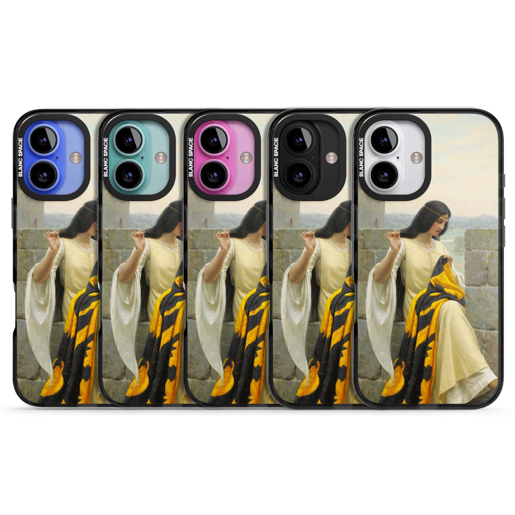 Stitching the Standard renaissance art iPhone case featuring a medieval lady sewing a golden banner on a castle wall | Black Impact case for iPhone 16, iPhone 16 Plus