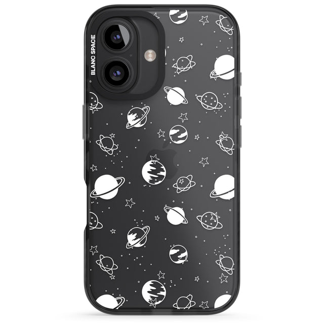 iPhone 16 Pro Max White Planets on Clear Black Impact Phone Case