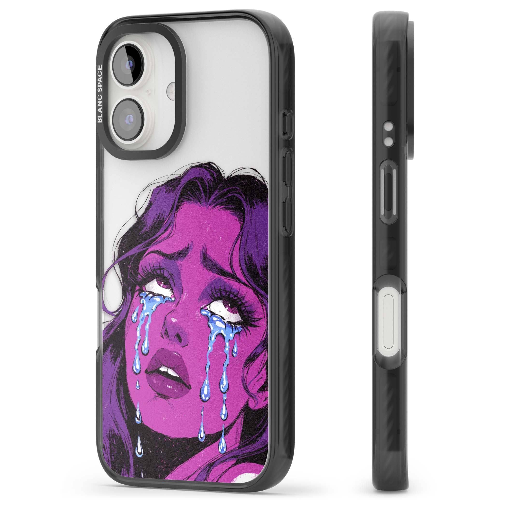 Drama Queen pop art iPhone case featuring a purple crying comic girl with blue tears | Black Impact case for iPhone 16, iPhone 16 Plus