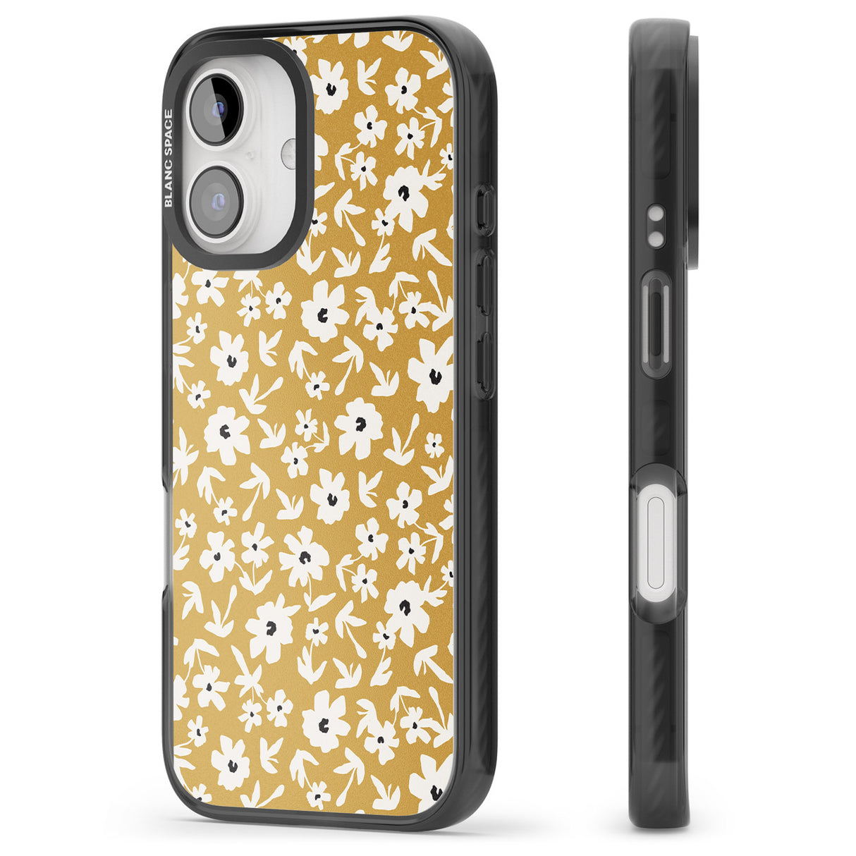 iPhone 16 Pro Max Floral Print on Mustard Cute Floral Black Impact Phone Case