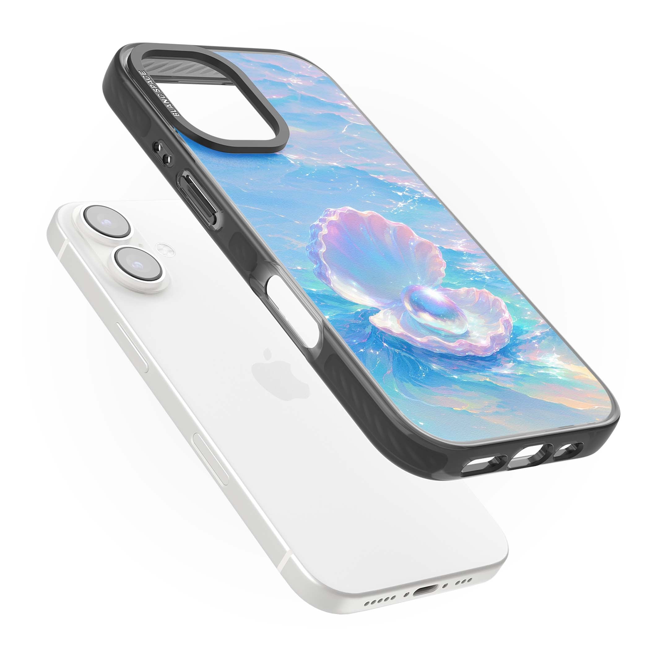 The Pearl Clam mermaidcore iPhone case featuring iridescent seashell, glowing pearl and pastel ocean waves | Black Impact case for iPhone 16, iPhone 16 Plus