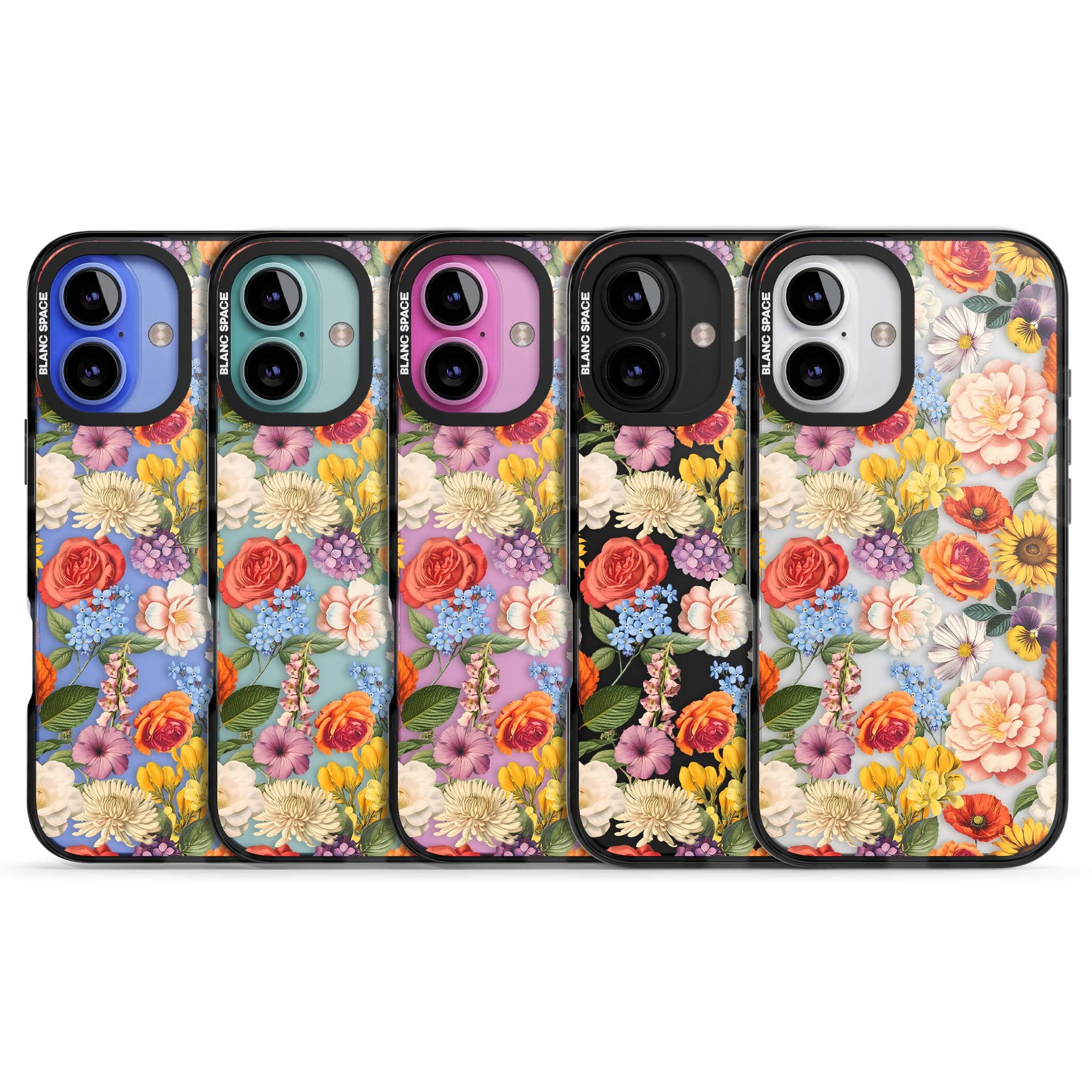 Bloom Basket floral iPhone case featuring cottage garden flowers including peonies, sunflowers, and wildflowers in pastel col | Black Impact case for iPhone 16, iPhone 16 Plus