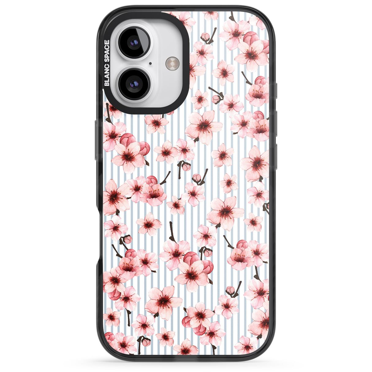 iPhone 16 Pro Max Cherry Blossoms on Blue Stripes Pattern Black Impact Phone Case