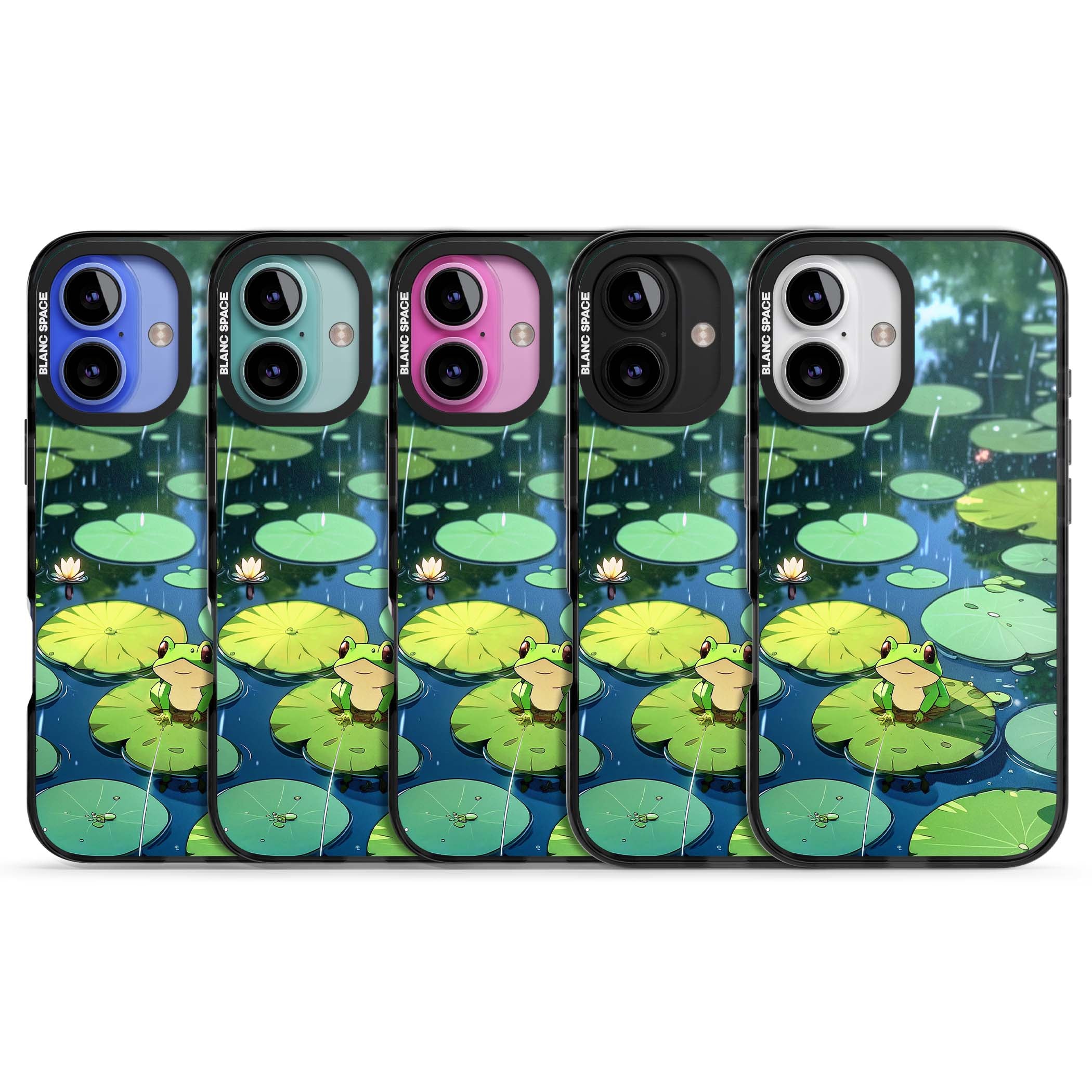 Frog In Lily Pond cottagecore iPhone case featuring a cute green frog on a lily pad with falling rain and a lotus flower | Black Impact case for iPhone 16, iPhone 16 Plus
