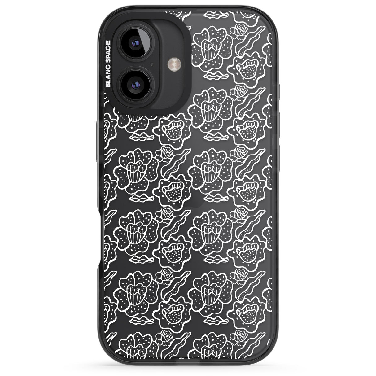 iPhone 16 Pro Max Funky Floral Patterns White on Clear Black Impact Phone Case