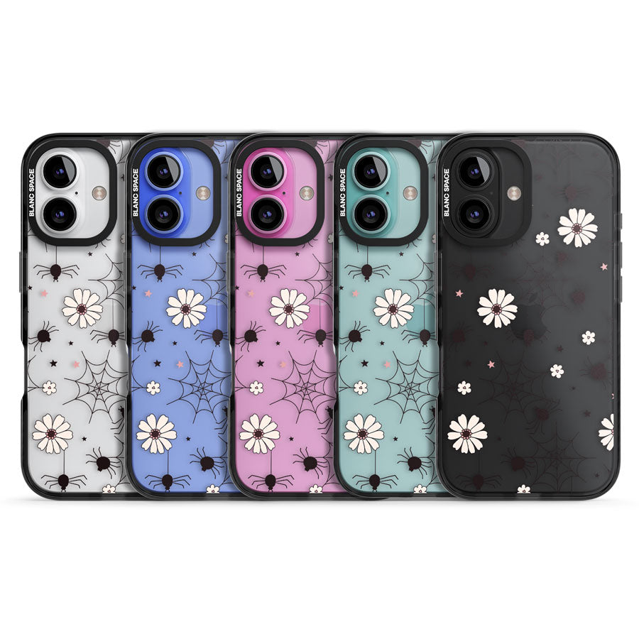 Spiders and Flowers Pattern Black Impact Phone Case for iPhone 16, iPhone 16 Plus