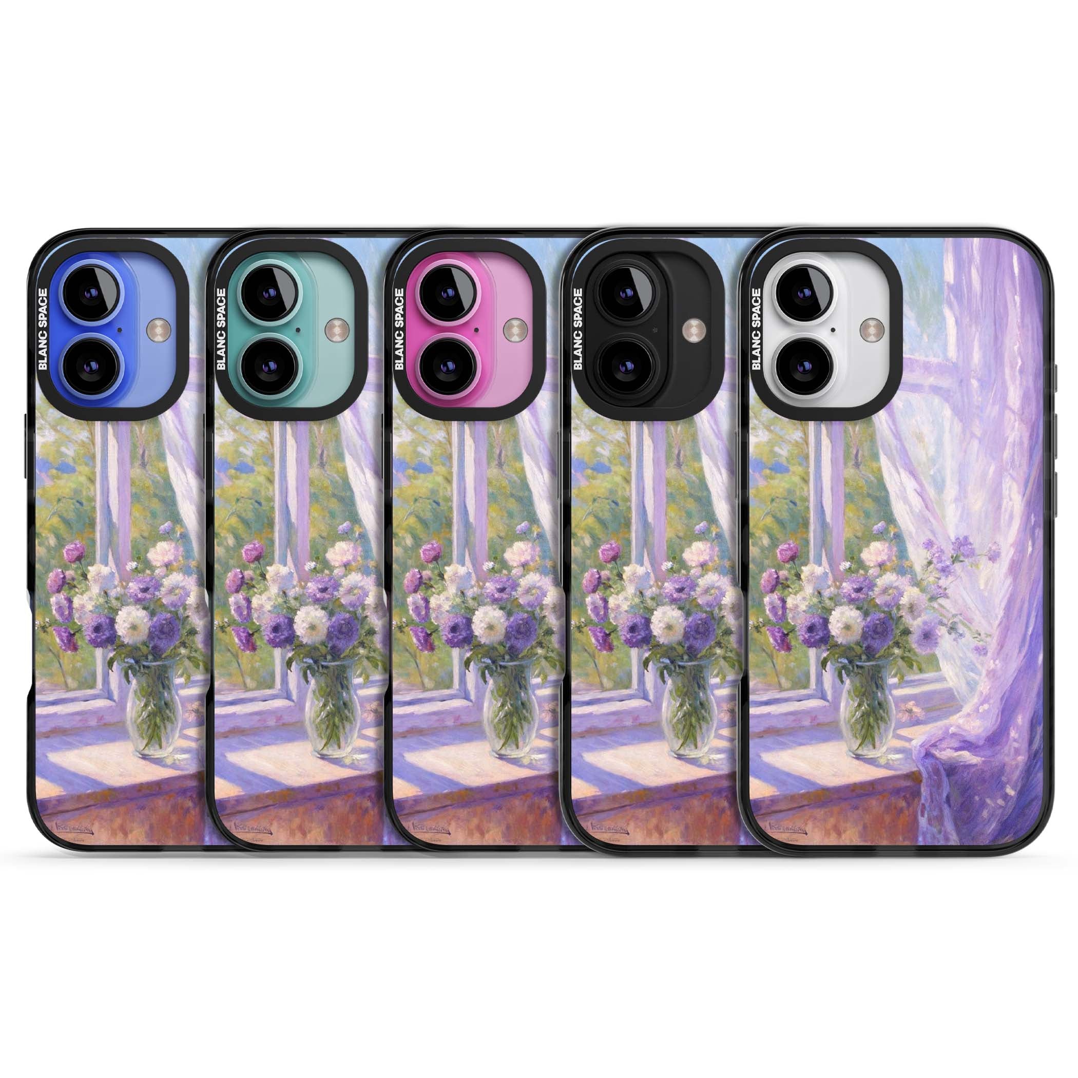 A Provence Morning impressionist art iPhone case featuring a vase of purple flowers, sunlit window and sheer curt | Black Impact case for iPhone 16, iPhone 16 Plus