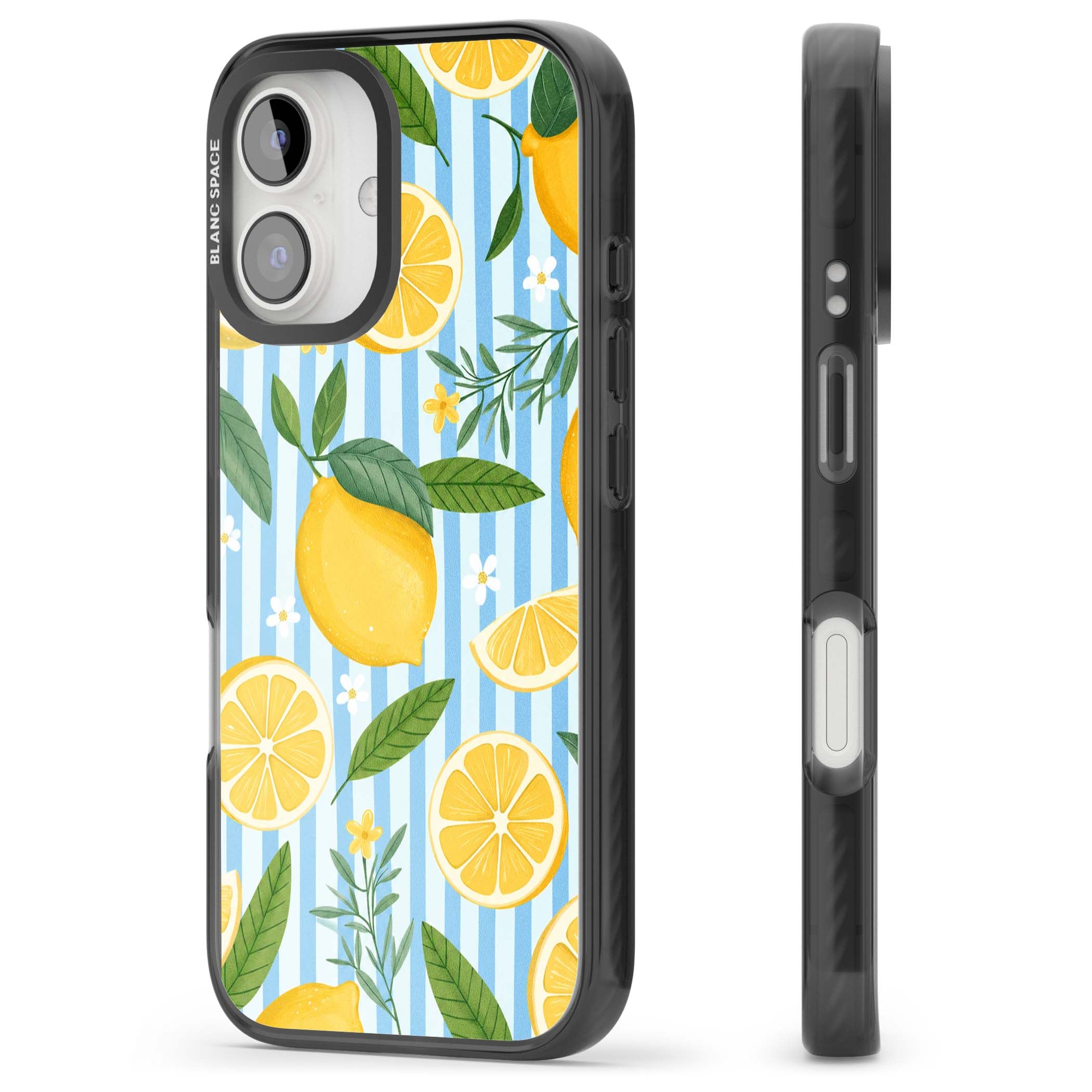 Capri Citrus Stripe coastal iPhone case featuring yellow lemons, blue stripes, and white daisy blossoms | Black Impact case for iPhone 16, iPhone 16 Plus