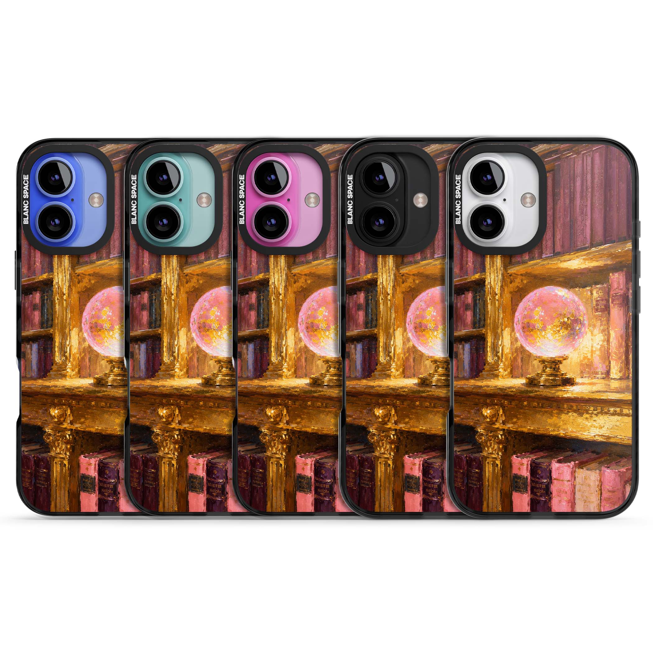 Gilded Library dark academia iPhone case featuring an oil painted crystal ball on a gilded library shelf with vintage | Black Impact case for iPhone 16, iPhone 16 Plus