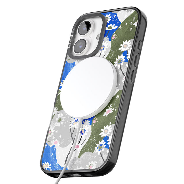 iPhone 16 Pro Max Blue & Grey Daisies Pattern Black Impact Phone Case