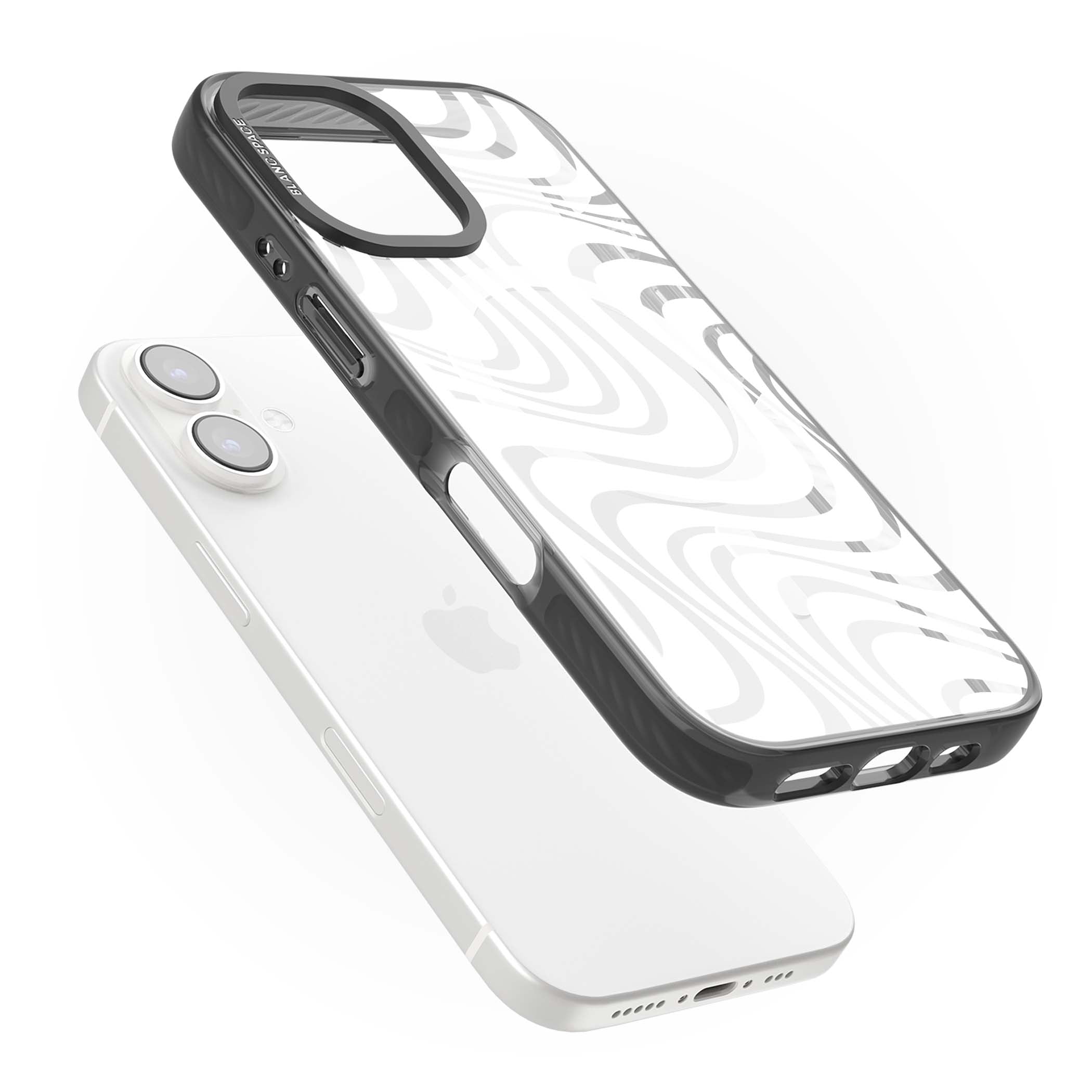 White Abstract Waves abstract iPhone case featuring flowing grey wave pattern on clear background | Black Impact Magsafe case for iPhone 16, iPhone 16 Plus